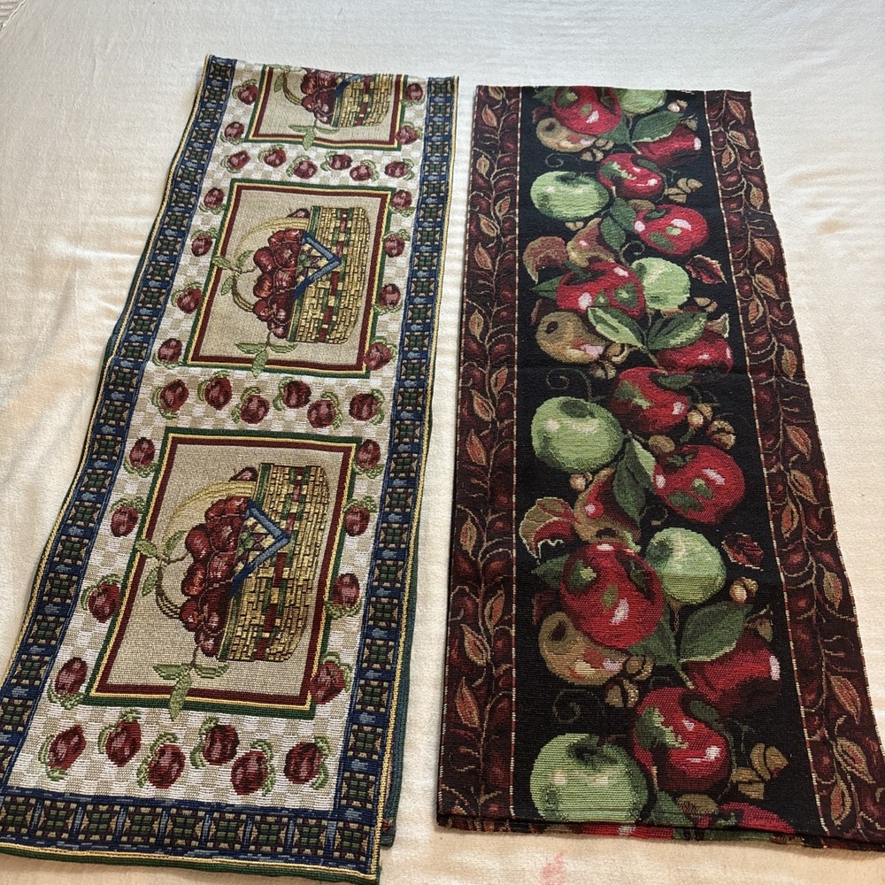 Vintage 2 Piece Table Runners Apple Print Multicolored Country Farmhouse Fall